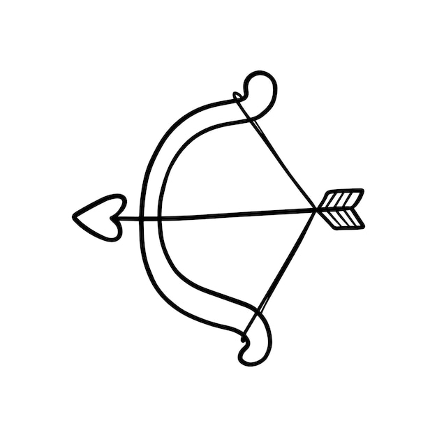 Arco y flecha con arma de corazón doodle libro de colorear de dibujos animados lineales