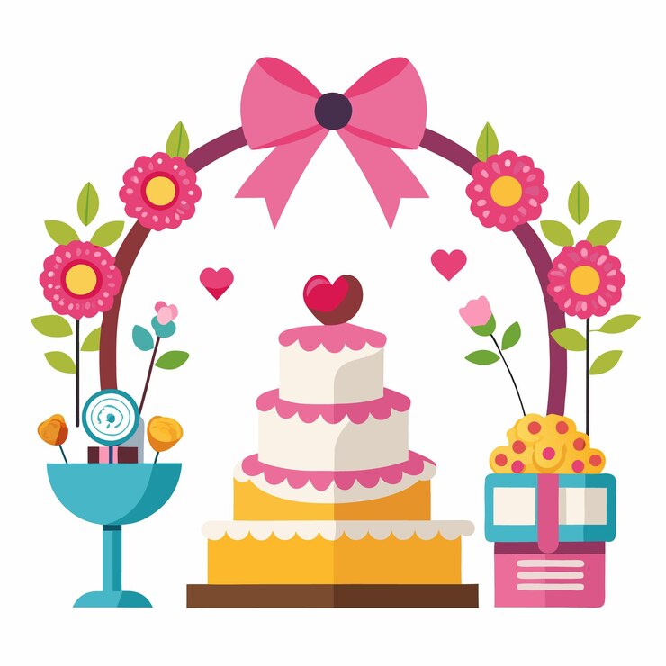 Vector arco de flores rosas con pastel de boda y cajas de regalos