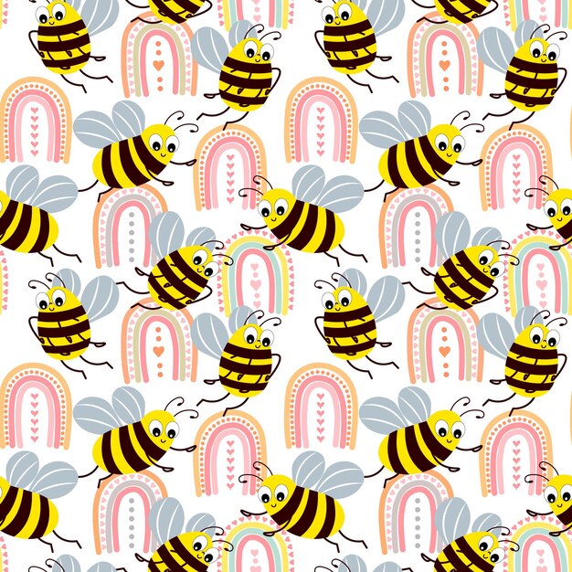 Arco iris y abejas divertidas lindas de patrones sin fisuras