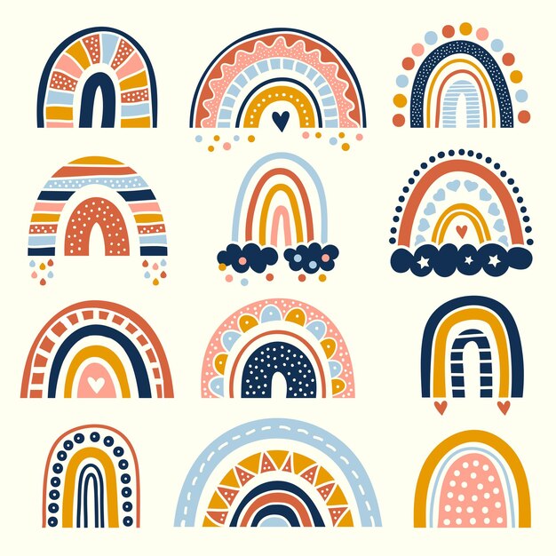 Arco iris abstracto. Decoración de líneas estilizadas curvas gráficas escandinavas para niños formas de conjunto de dibujo vectorial de arco iris. Diseño de ilustración de colección de arco iris abstracto escandinavo