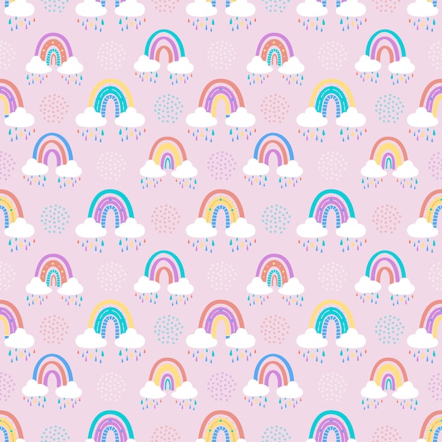 .Arco iris abstracto con nubes y gotas de lluvia, garabatos y círculos en un patrón impecable. Patrón infantil en colores pastel apagados. Ilustración vectorial dibujada a mano