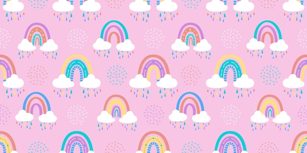 Arco iris abstracto con nubes y gotas de lluvia. ilustración vectorial