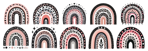 Arco iris abstractos con diferentes patrones y diseños de animales en colores rosados sobre fondo blanco