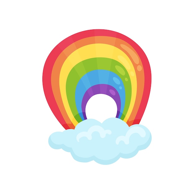 Arco iris arqueado multicolor y nube esponjosa azul Elemento gráfico para niños Libro juego móvil o decoración de habitación de pared Ilustración de estilo dibujos animados Icono vectorial plano colorido aislado sobre fondo blanco