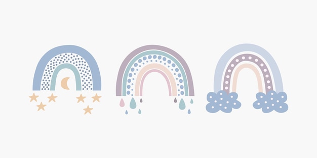 Arco iris boho dibujados a mano escandinavos con nubes estrellas gotas media luna en colores pastel