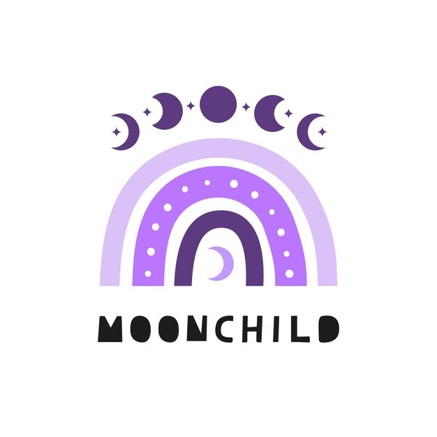 Arco iris boho con letras moonchild y luna fases puntos media luna