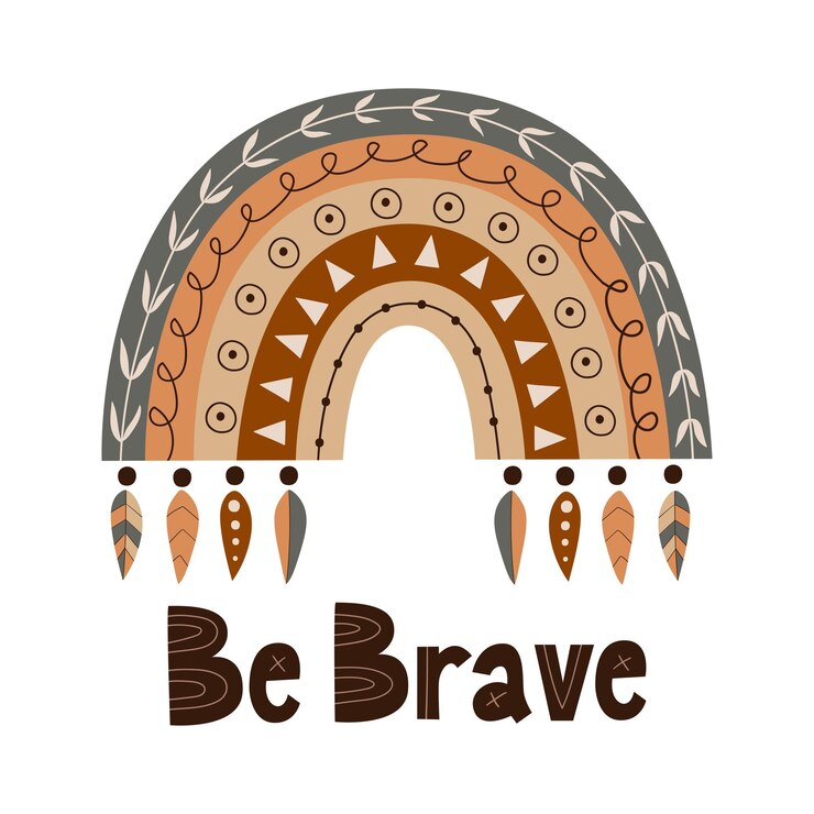 Vector arco iris boho tribal y letras a mano be brave ilustración vectorial