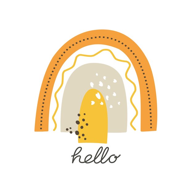 Arco iris brillante con texto Hola en estilo escandinavo Ilustración vectorial