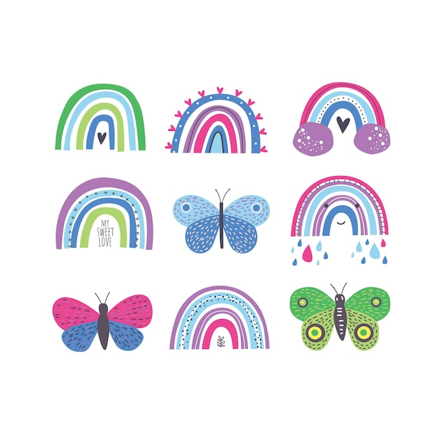 Arco iris de color lindo con mariposa sobre fondo blanco Ilustración vectorial