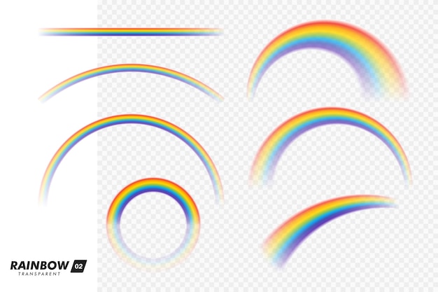 Arco iris de colores realista. Conjunto de arco iris transparente. Arco iris vivo con efecto transparente - vector de stock