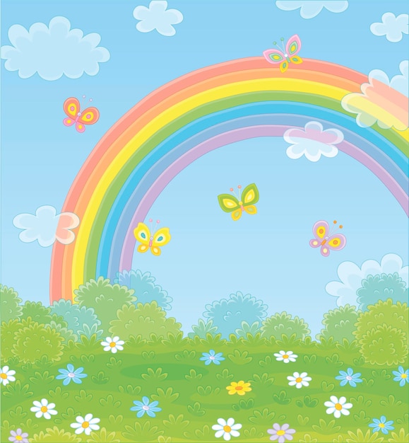 Arco iris colorido en el cielo azul y alegres mariposas revoloteando sobre un campo verde