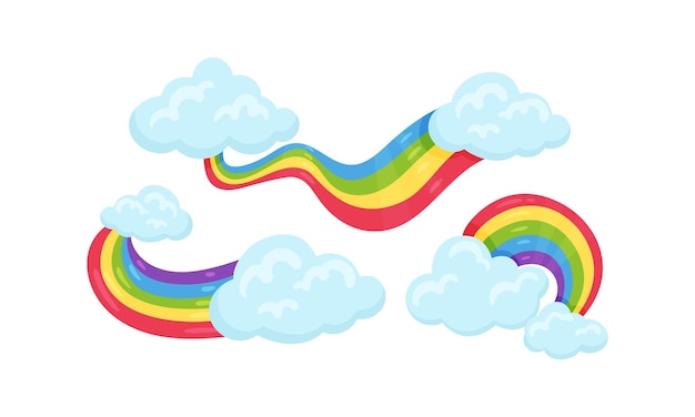 Arco iris colorido con conjunto vectorial de nubes azules suaves