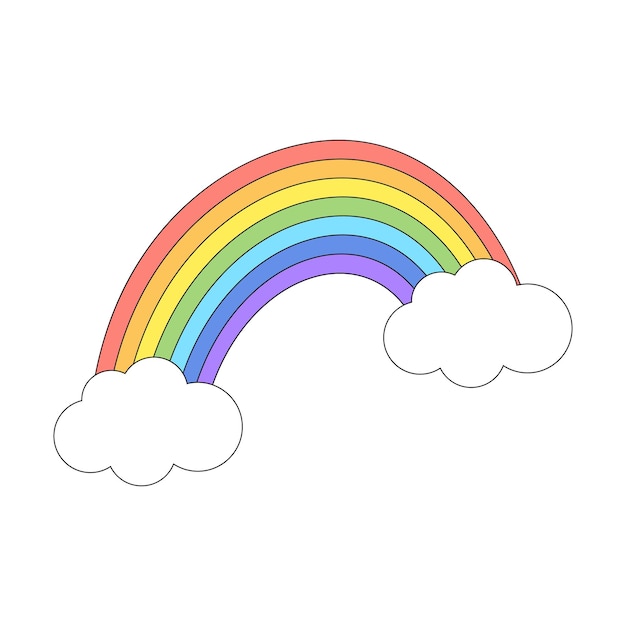 Vector arco iris colorido en forma curva y nubes con contorno negro diseño para carteles de tarjetas adhesivas