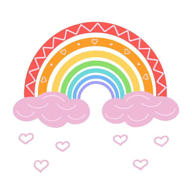 Arco iris con corazones ilustración dibujada a mano