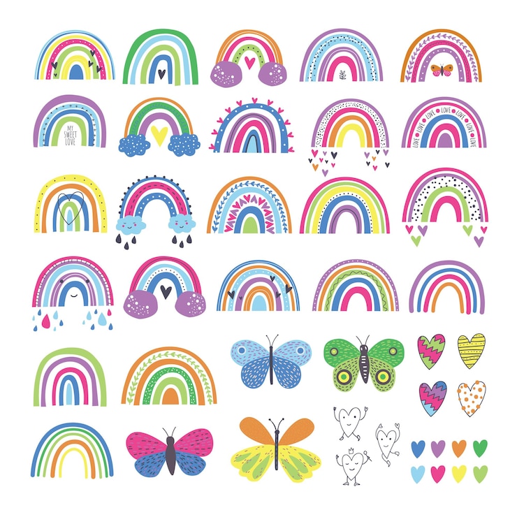 Vector arco iris de dibujos animados conjunto multicolor ilustraciones arco iris de dibujos animados, mariposa, corazones