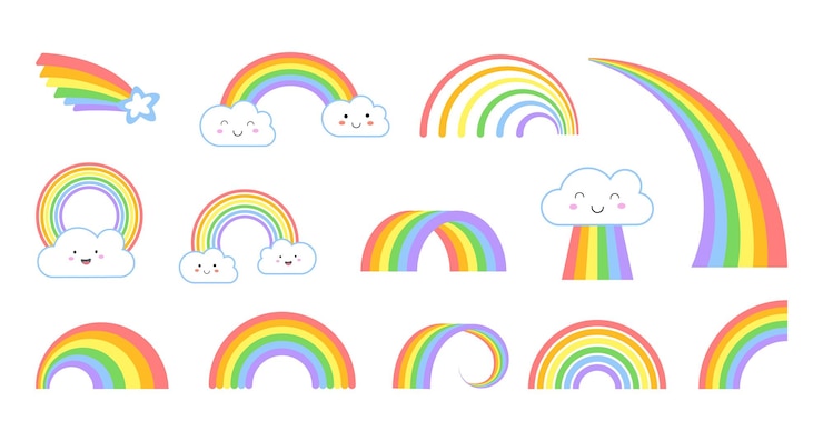 Vector arco iris dibujos animados iconos de arco iris plano símbolo divertido con nubes de cara kawaii símbolos meteorológicos para niños arco colorido aislado y cola con conjunto de vectores de estrellas