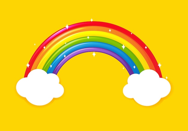 Arco iris de dibujos animados con nubes con fondo amarillo