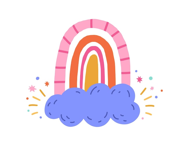 Arco iris divertido lindo, nube mágica y estrellas aisladas sobre fondo blanco. Dibujo infantil al estilo escandinavo. Ilustración de vector plano simple de arco de garabato y cloudlet mágico.