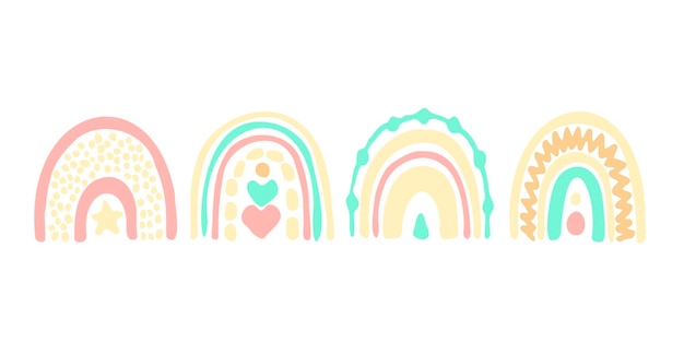 Arco iris de Doodle colorido Conjunto de elementos de decoración lindos Estilo boho de bebé Colores pastel delicados Ilustración vectorial de colores Ornamentos nórdicos escandinavos