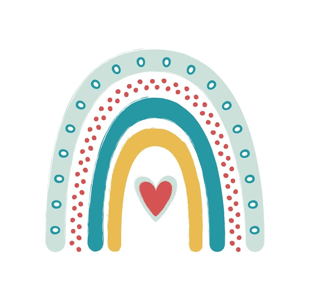 Arco iris de Doodle con corazón y puntos aislados en una ilustración vectorial blanca