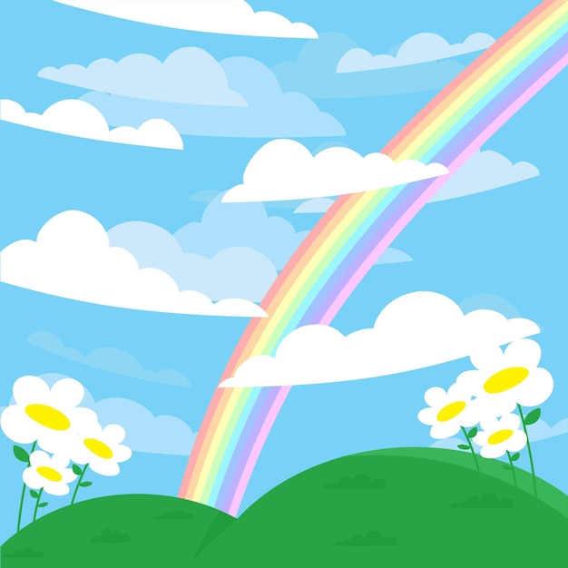 el arco iris está dibujado en un cielo azul con nubes y flores
