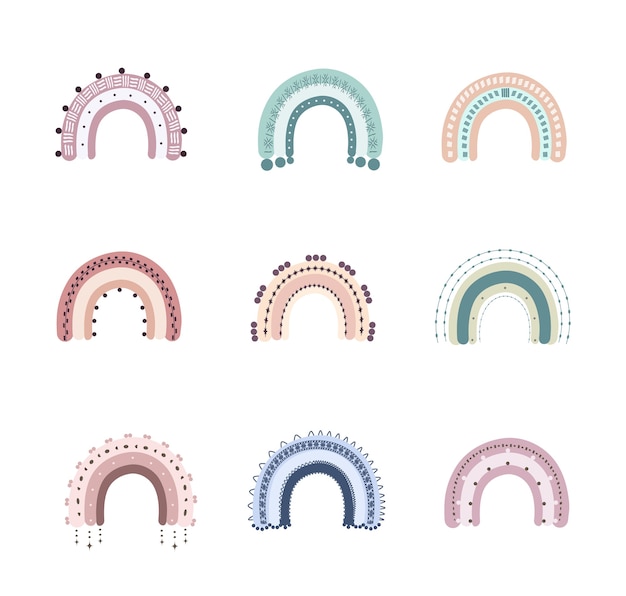 Arco iris en estilo boho. Lindos arco iris en colores pastel.