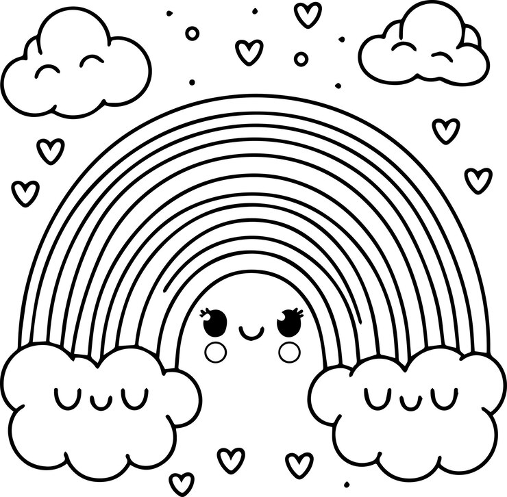 Vector el arco iris feliz y las nubes libro de colorear