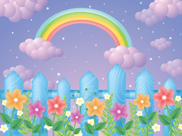 Vector arco iris y flores en una valla con un arco iris y nubes en el fondo.
