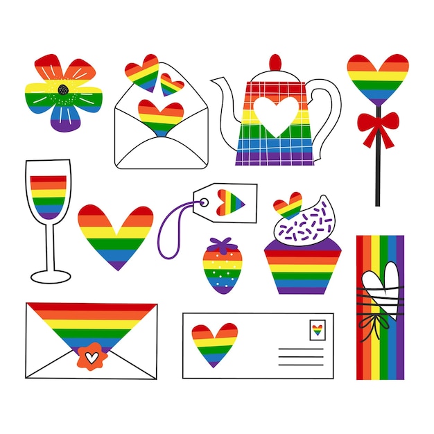 Vector arco iris gay corazones flores letras vino tetera pastel regalos lgbt día de san valentín orgullo romántico queer