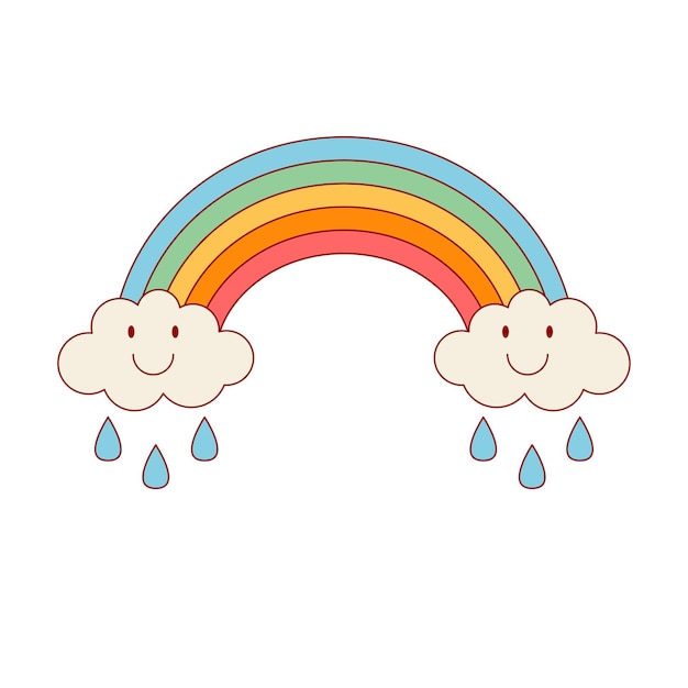 Arco iris groovy con nubes sonrientes y gotas de lluvia Retro vintage colorido elemento de diseño vectorial