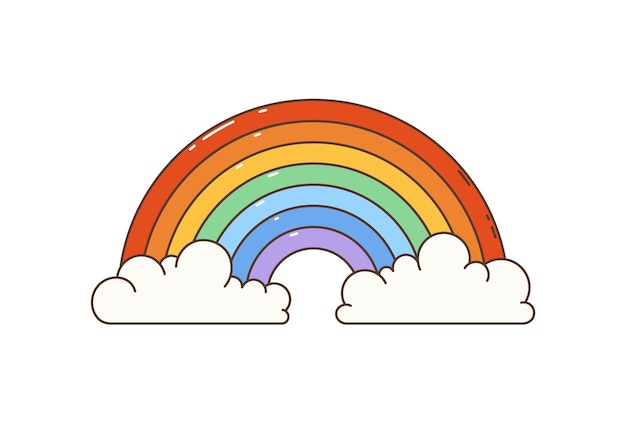 Arco iris hippie retro de dibujos animados con nubes