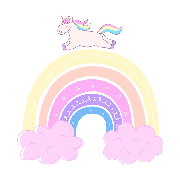 Arco iris infantil dibujado a mano con un lindo unicornio Decoración de arco iris en colores de caramelo