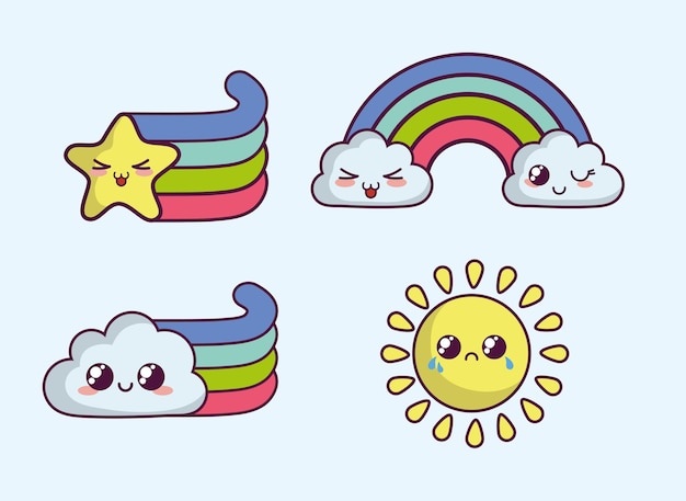 Vector arco iris kawaii e iconos lindos sobre fondo azul