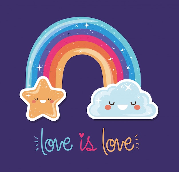 Vector arco iris lgtbi con diseño de nube kawaii y dibujos animados de estrellas