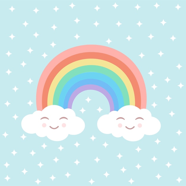 Arco iris con lindas nubes y estrellas blancas en una ilustración de vector de fondo azul aislado