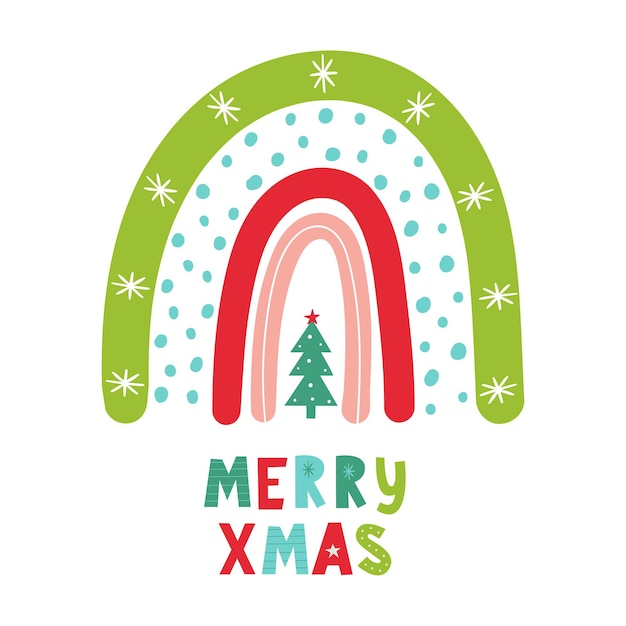 Arco iris de Navidad con letras a mano Feliz Navidad Vector dibujado a mano ilustración infantil en color