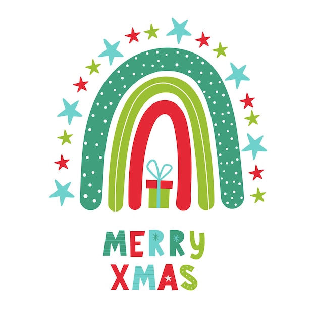 Arco iris de Navidad con letras a mano Feliz Navidad Vector dibujado a mano ilustración infantil en color