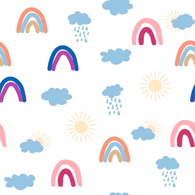 Arco iris nube sol patrón sin costuras para recién nacidos Diseño lindo y delicado para los niños más pequeños