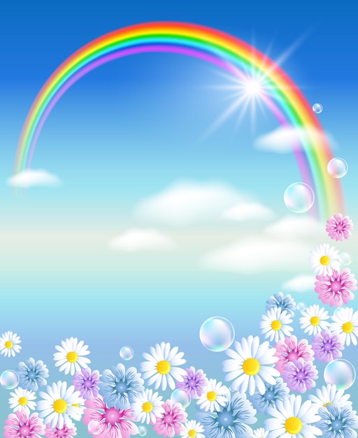 Vector arco iris en las nubes del cielo con flores de pradera