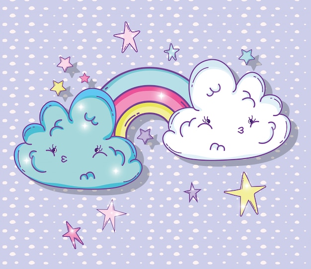 Vector arco iris con nubes y estrellas mullidas kawaii