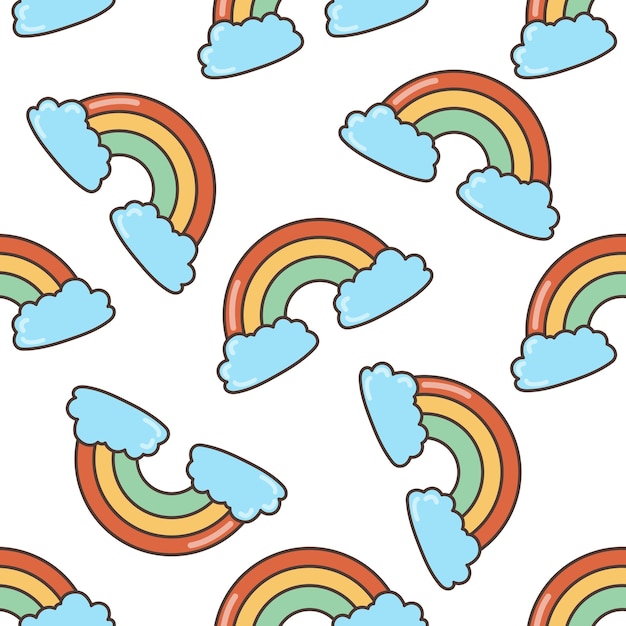Arco iris con nubes patrón sin costuras Ilustración en estilo de dibujos animados 70s diseño vectorial de clipart retrox9