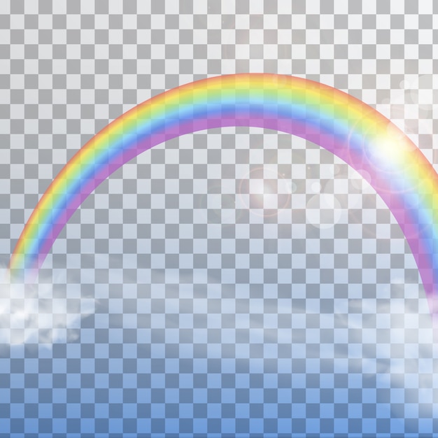 Vector arco iris con nubes sobre fondo transparente aislado.