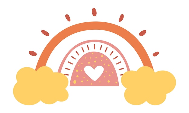 Arco iris con nubes y sol. Estilo boho escandinavo. Ilustración vectorial
