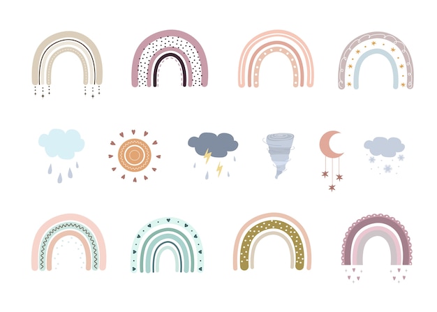 Arco iris, nubes y tornado de Boho. Lindos arco iris en colores pastel. Elementos de arte de Doodle.