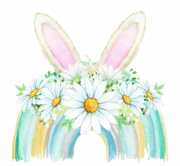Arco iris orejas de conejo margaritas flores silvestres imágenes prediseñadas de acuarela sobre un fondo aislado para las vacaciones de pascua