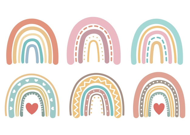 Arco iris pastel lindo vector con corazón aislado en cartel imprimible de fondo blanco para niños