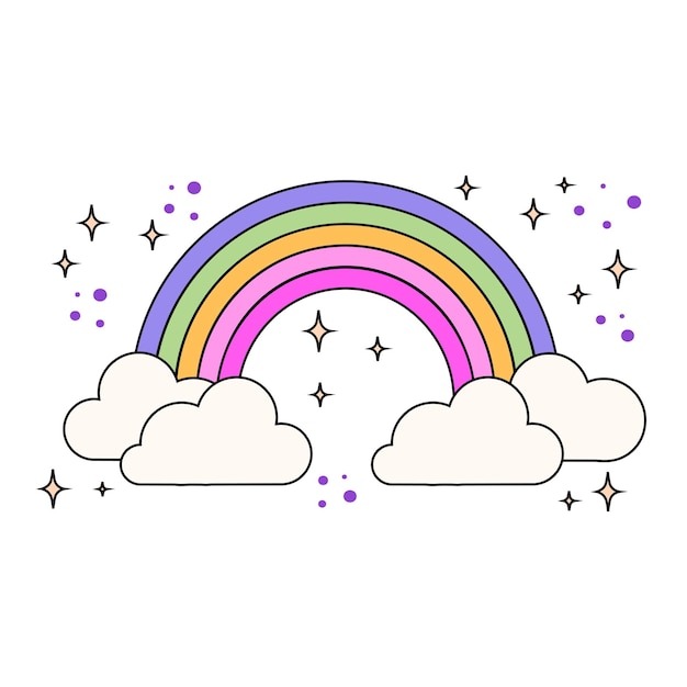 Arco iris pastel vectorial con nubes y estrellas en blanco