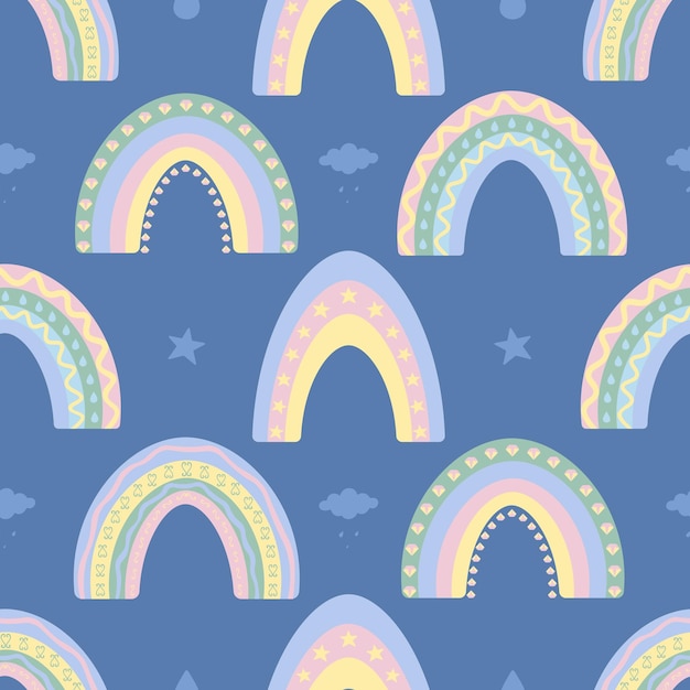 Vector arco iris de patrones sin fisuras en estilo boho sobre un fondo azul