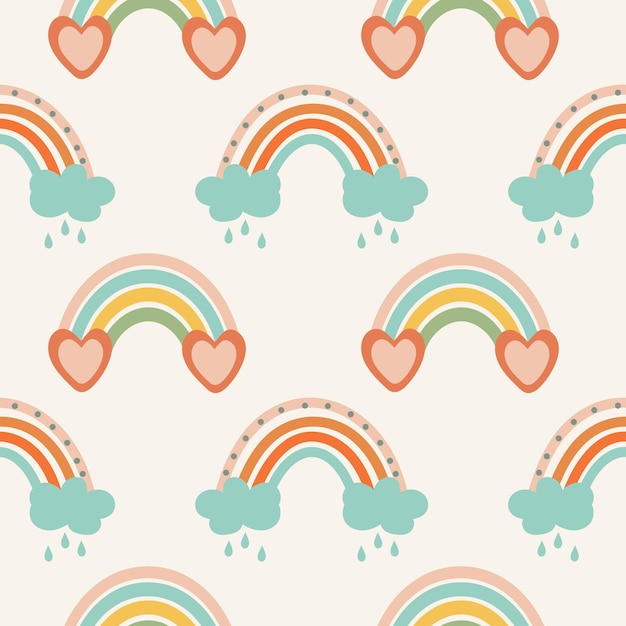 Arco iris de patrones sin fisuras nubes y flores en estilo retro boho Vector textil de fondo de bebé