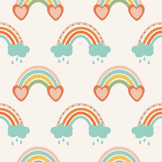 Arco iris de patrones sin fisuras nubes y flores en estilo retro boho vector textil de fondo de bebé